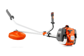 Side view of a Husqvarna brushcutter with ergonomic handle and control system.