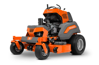 Side view of a Husqvarna commercial front mower with cutting deck.