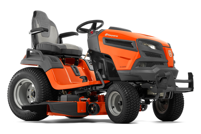 Side view of a Husqvarna ride-on lawn mower with detailed seat and steering wheel.