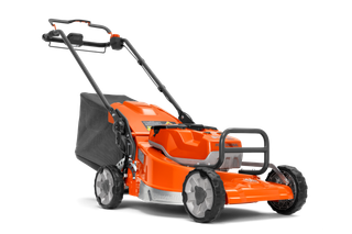 Side view of a Husqvarna battery-powered lawn mower.